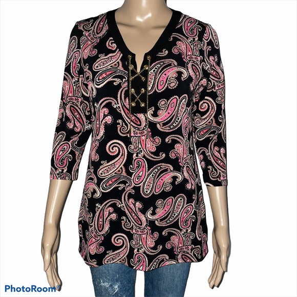 Charter Club paisley lace up chain collar blouse - Picture 1 of 5